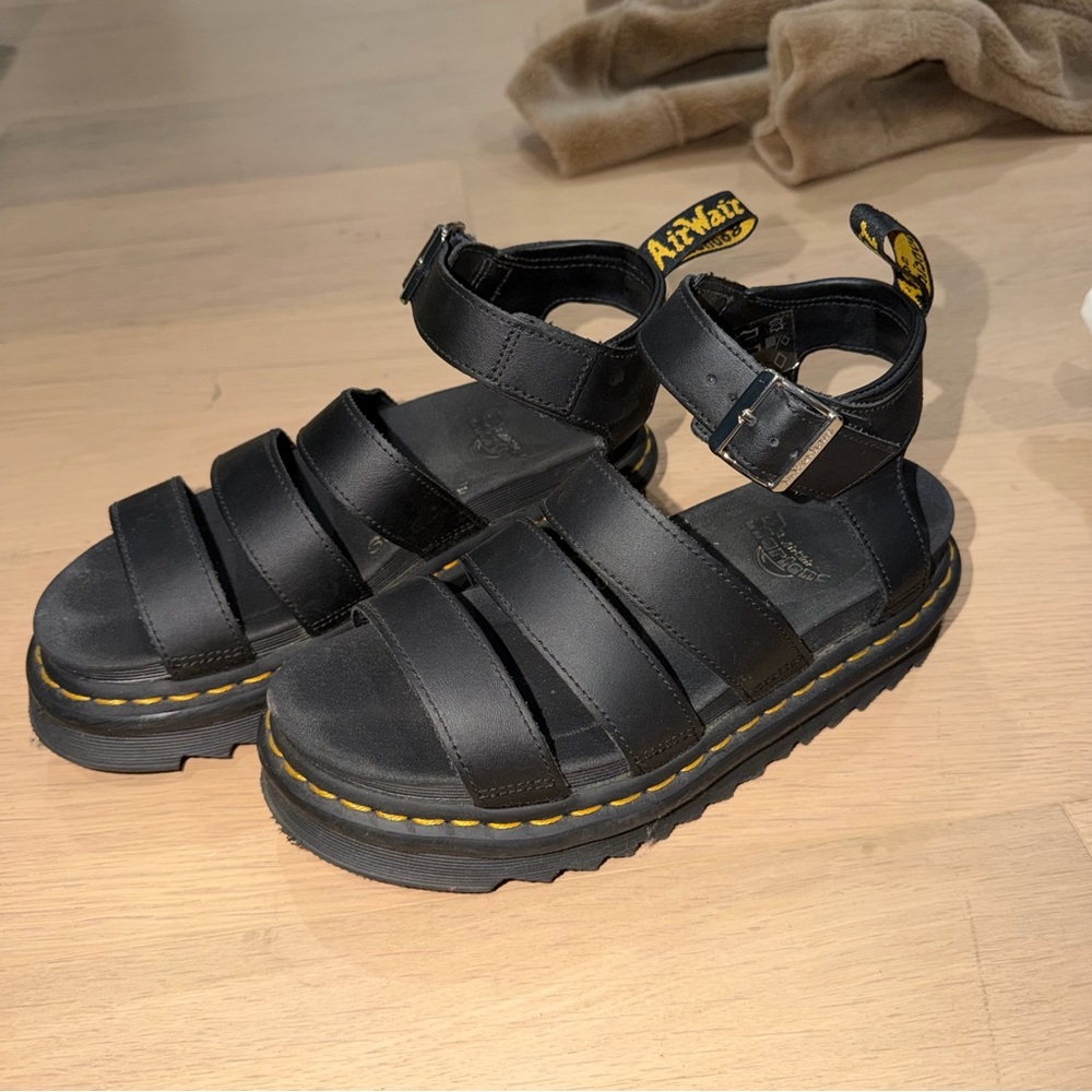 Dr. Martens Black Leather Kids Fisherman Sandals with Yellow Stitching